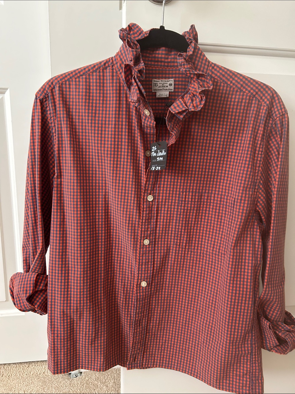 Mens J Crew shirt recreated into a women’s ruffled collar shirt.